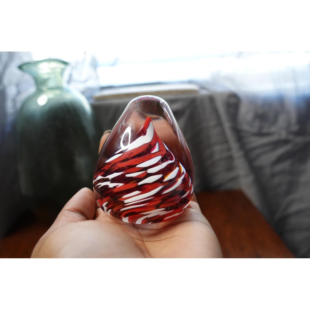 Signed Art Glass Paperweight Red White Swirl Teardrop Sculpture Hand Blown